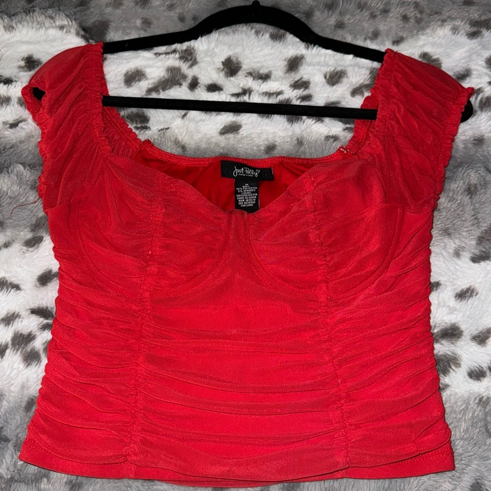 Red crop top off the shoulder top.